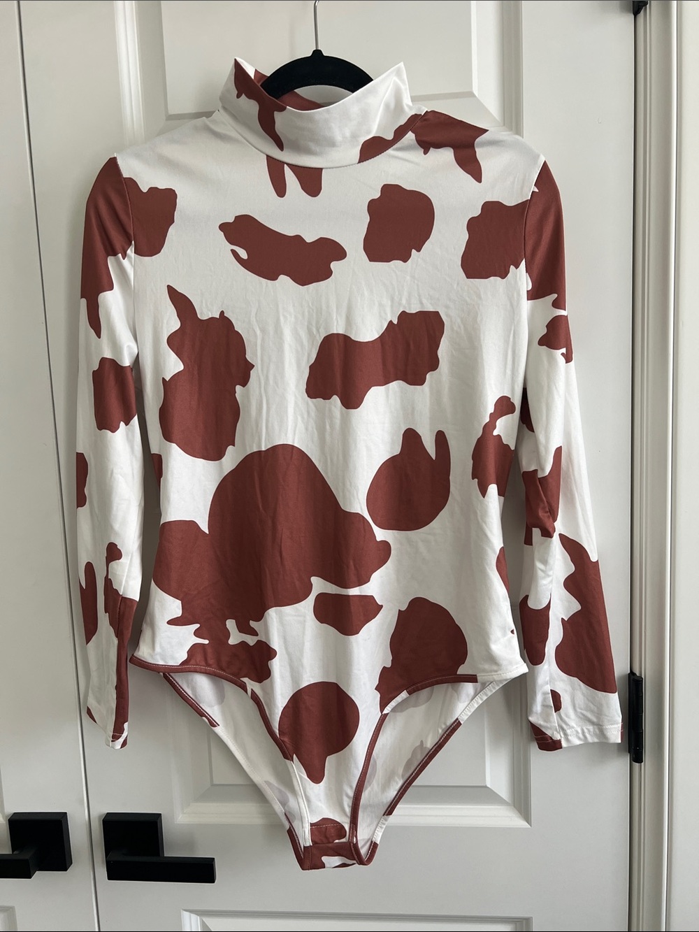 SHEIN White & Brown Cow Print Turtleneck Bodysuit